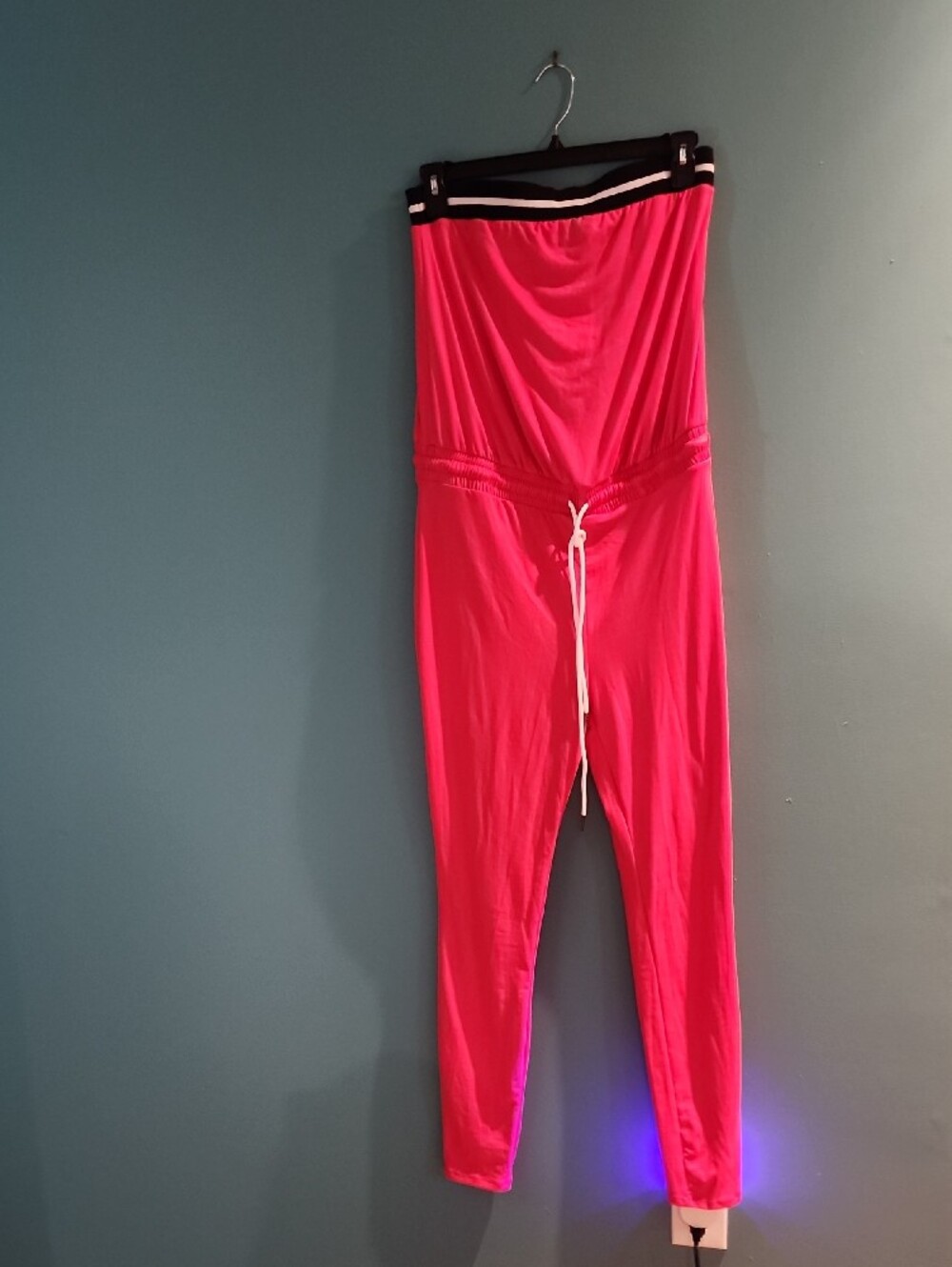 Fashion Nova Hot Pink Strapless Jumpsuit with Black & White Waistband